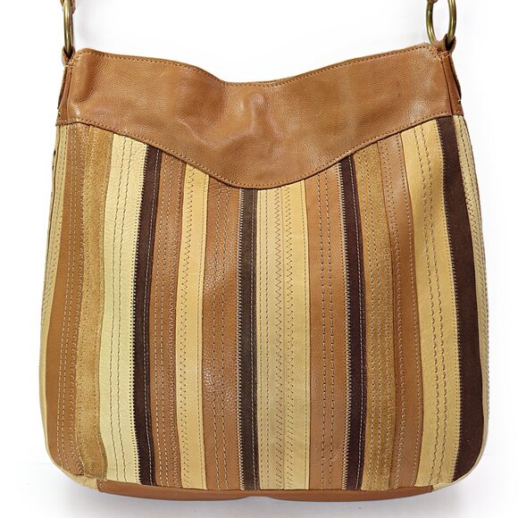 Fossil Leather & Suede Striped Hobo Bag Studded Riveted Brown & Tan Shoulder Bag - Picture 3 of 12